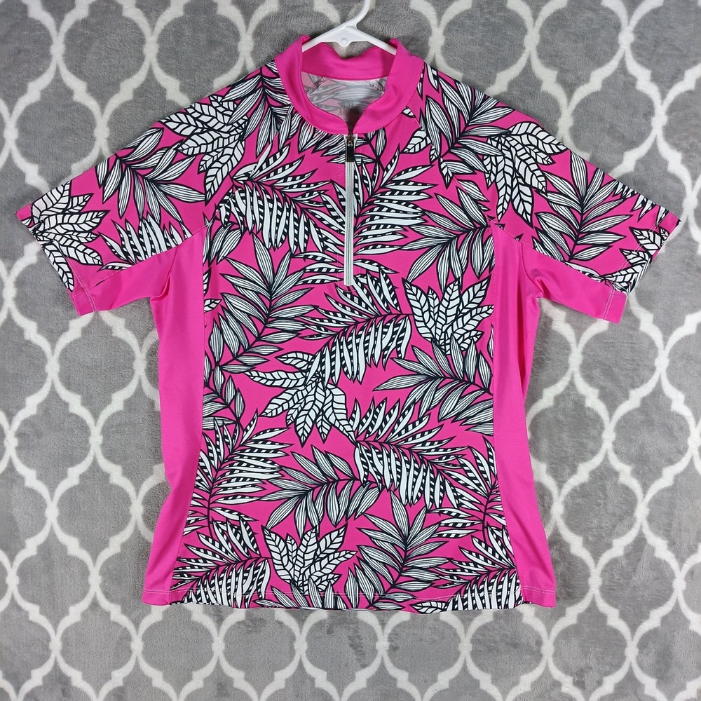 TAIL Golf Top Women Small Pink Tropical Palm Leaf Print Quarter Zip Short Sleeve